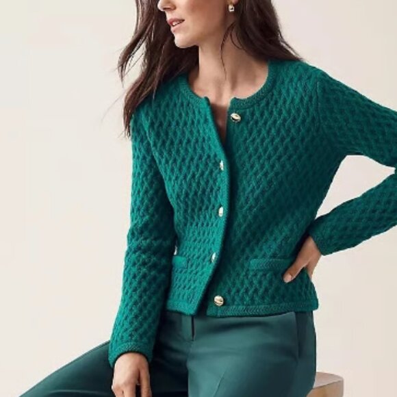 ANN TAYLOR BASKETWEAVE GREEN TEXTURED GOLD BUTTON CARDIGAN JACKET SWEATER $149 S - Picture 1 of 9